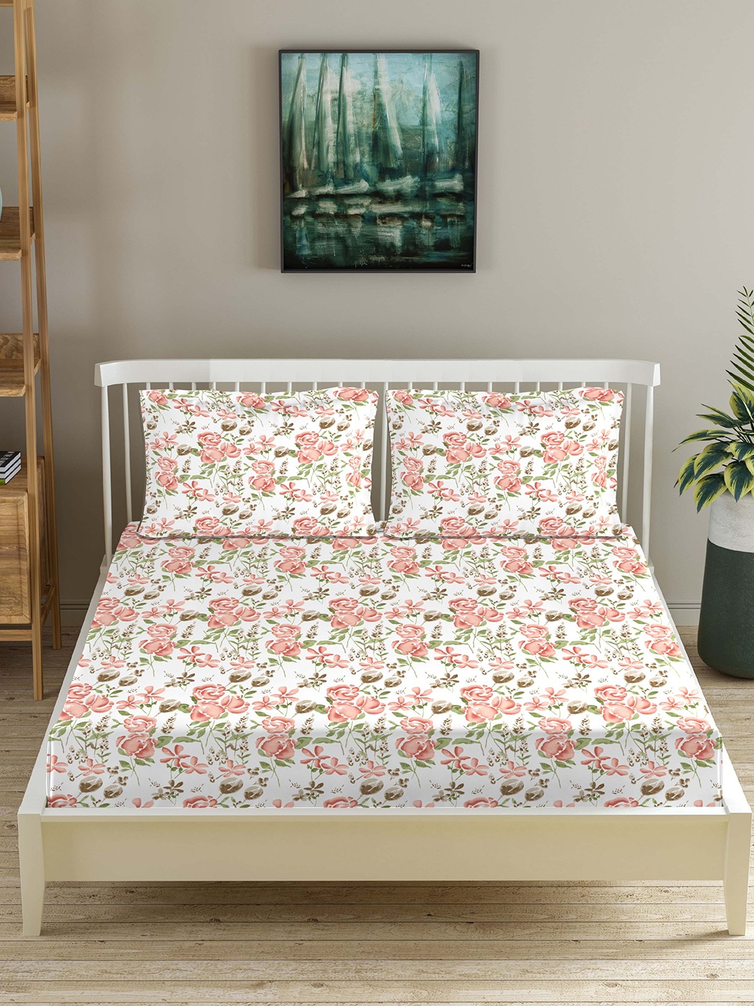 

Trance Home Linen Red Floral 180 TC Cotton Fitted King Bedsheet with 2 Pillow Covers