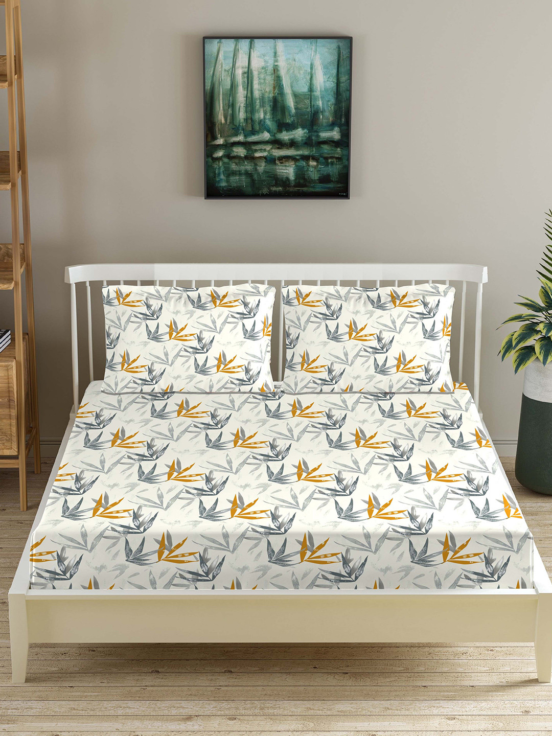 

Trance Home Linen Printed Cotton 180 TC Fitted Double Queen Bedsheet With 2 Pillow Covers, Grey