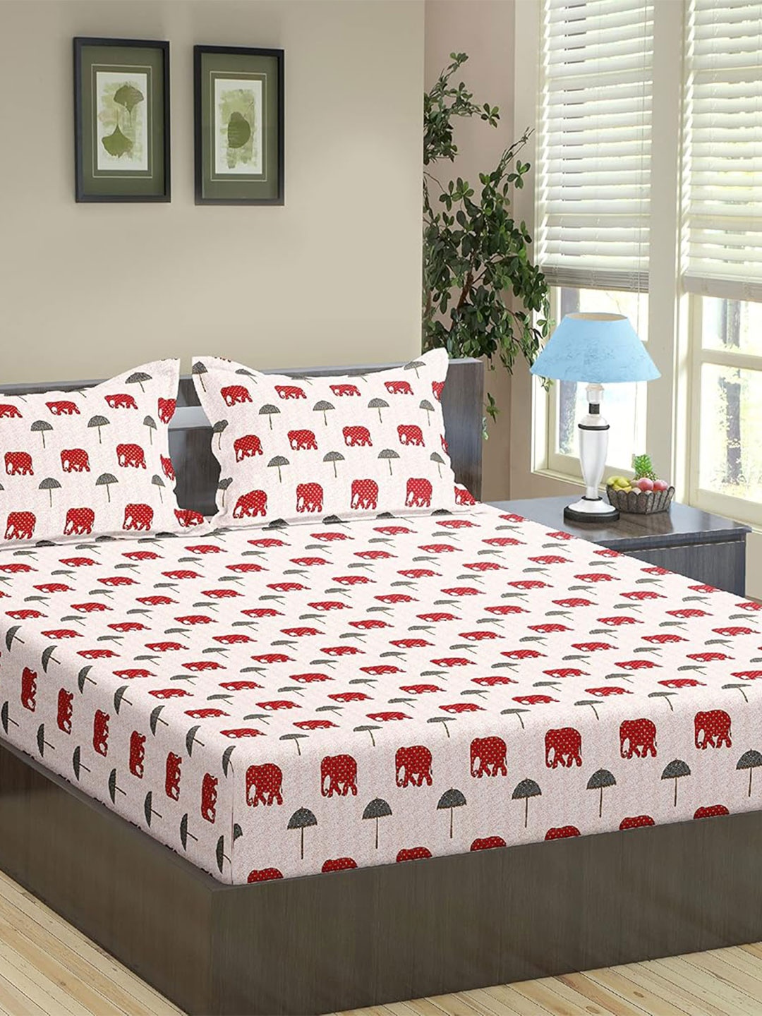 

Trance Home Linen Red Printed 180 TC Cotton Fitted Double King Bedsheet & 2 Pillow Covers