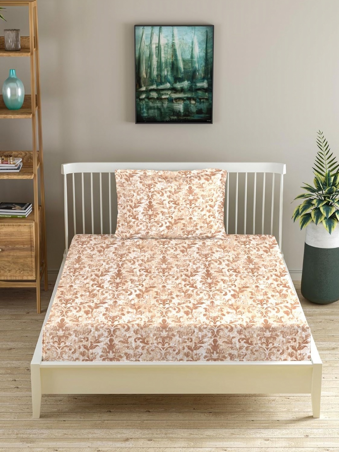 

Trance Home Linen Brown & White Floral 180 TC Single Bedsheet with 1 Pillow Covers