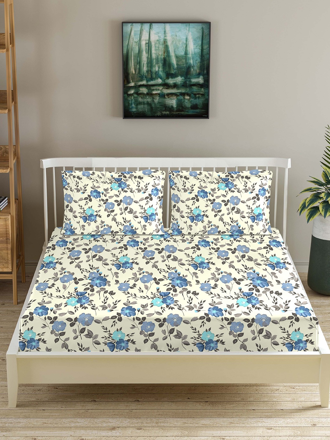 

Trance Home Linen Blue Printed 180 TC Cotton Fitted Double King Bedsheet & 2 Pillow Covers