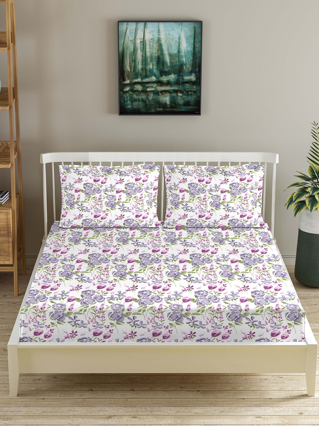 

Trance Home Linen Purple & White Floral Cotton 180 TC King Bedsheet with 2 Pillow Covers