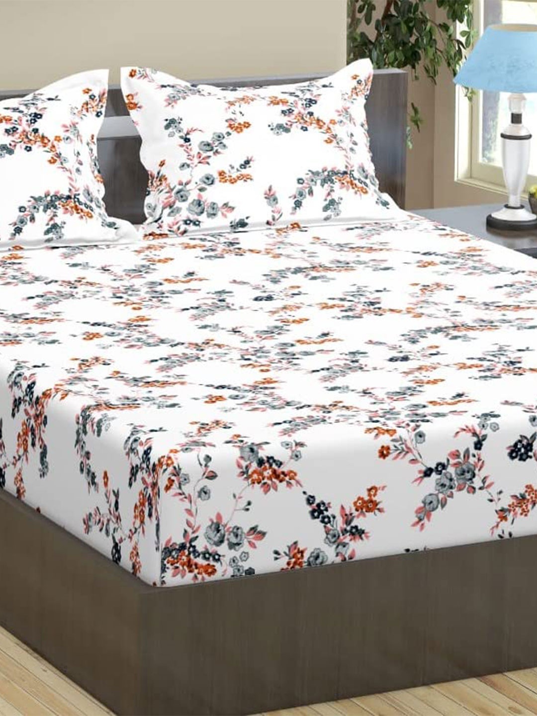 

Trance Home Linen Peach & Grey Floral Cotton 180 TC King Bedsheet with 2 Pillow Covers