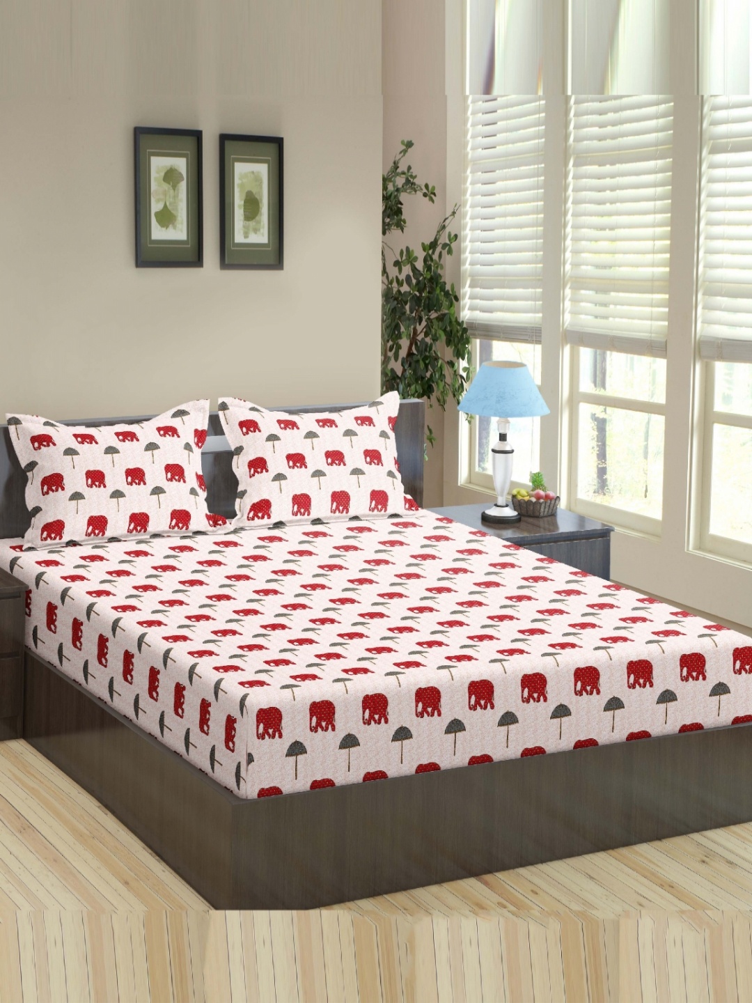

Trance Home Linen Red & White 180 TC Cotton Fitted Queen Bedsheet with 2 Pillow Covers