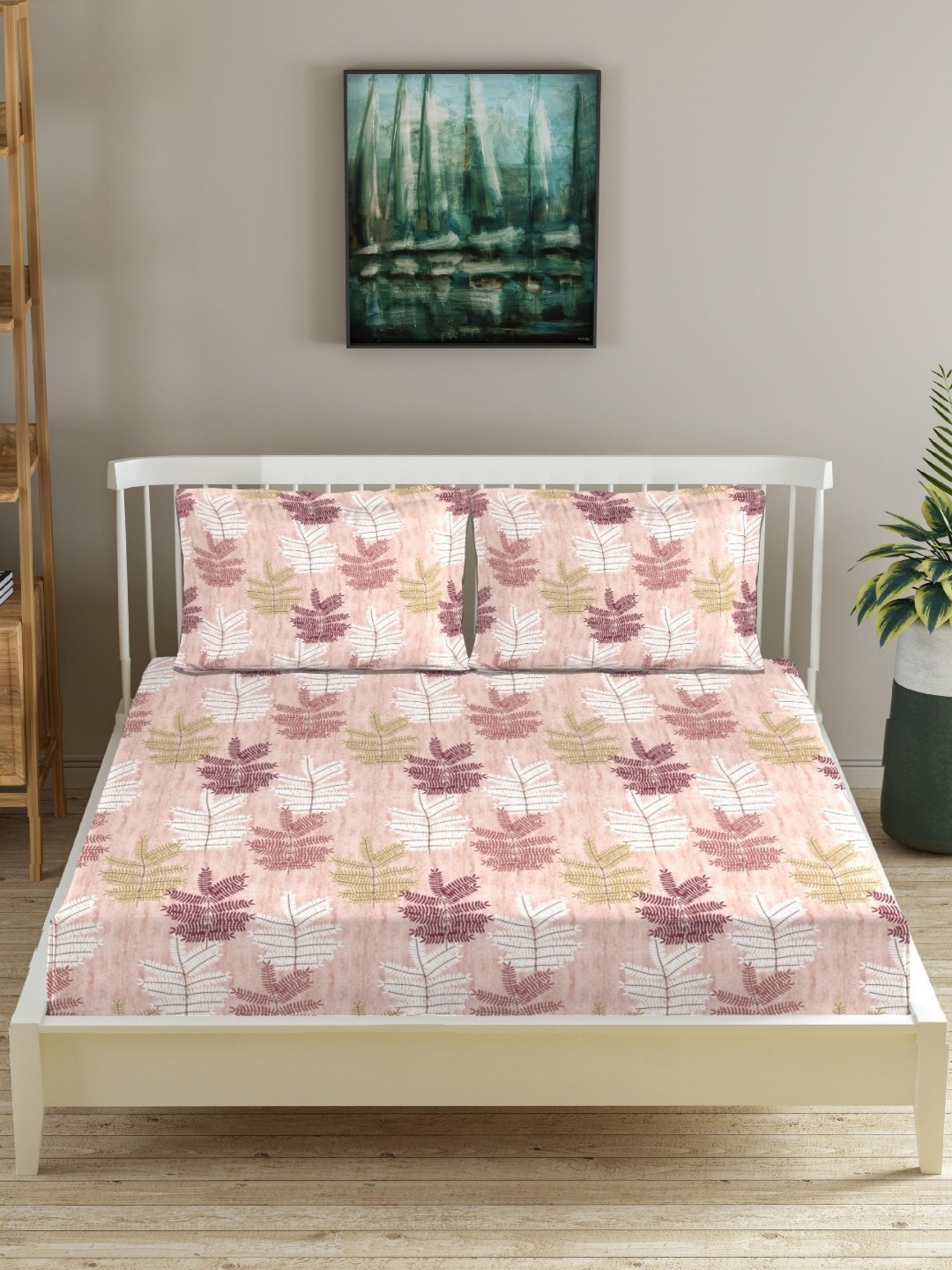 

Trance Home Linen Coral & Green Floral 180 TC Queen Bedsheet with 2 Pillow Covers