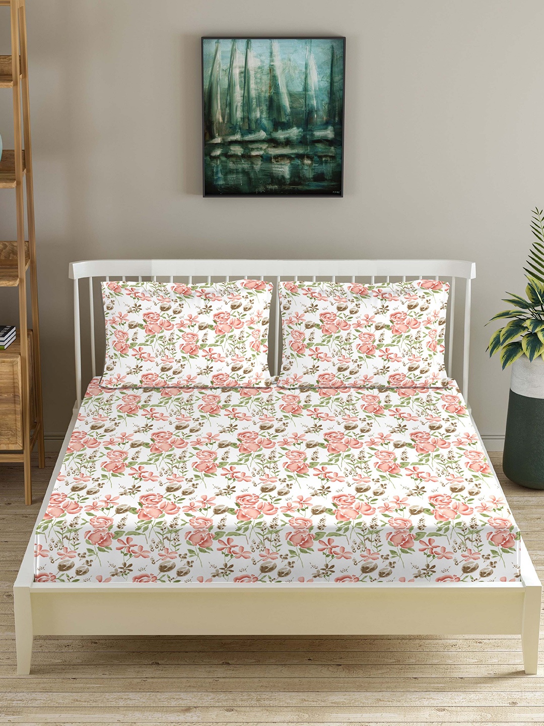 

Trance Home Linen Red & White Floral Printed 180 TC Fitted Cotton Queen Bedsheet Set