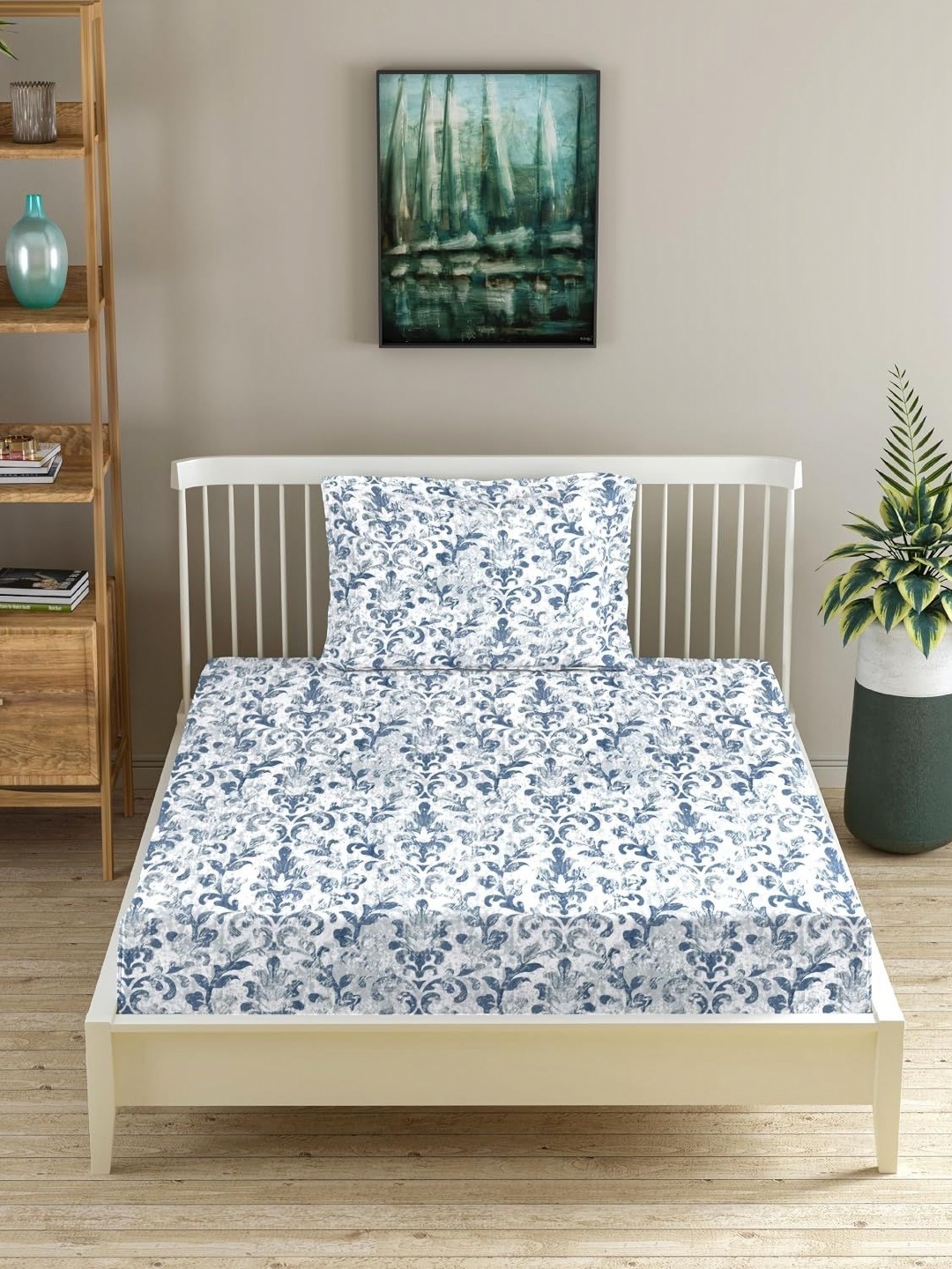 

Trance Home Linen Blue & White Printed 180 TC Fitted Cotton Single Bedsheet Set