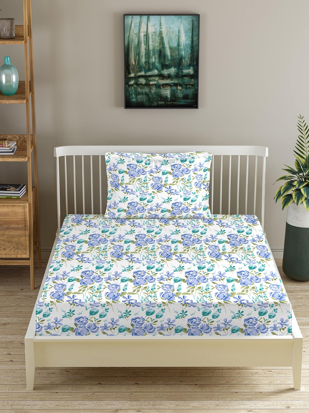 

Trance Home Linen Blue & White Floral 180 TC Single Bedsheet with 1 Pillow Covers