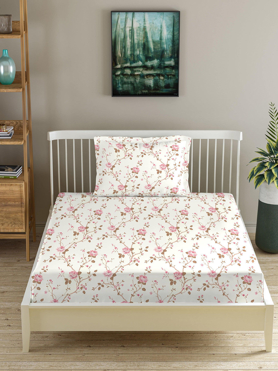 

Trance Home Linen Pink & White Floral 180 TC Single Bedsheet with 1 Pillow Covers