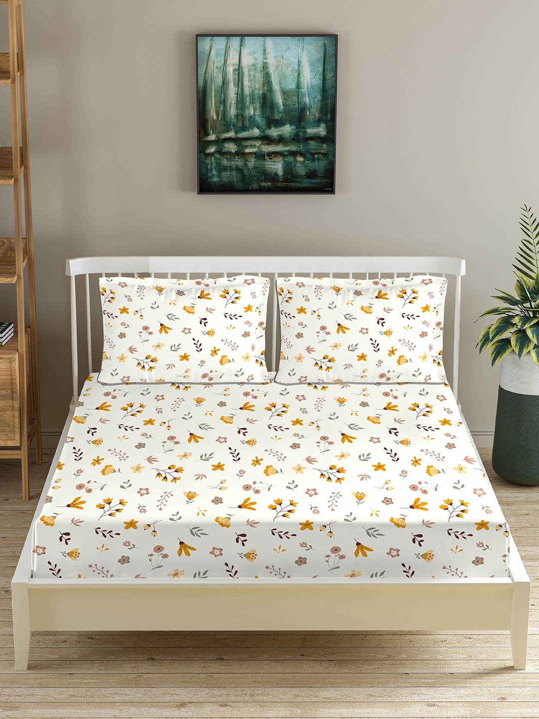 

Trance Home Linen Yellow 180 TC Cotton Fitted Double King Bedsheet & 2 Pillow Covers