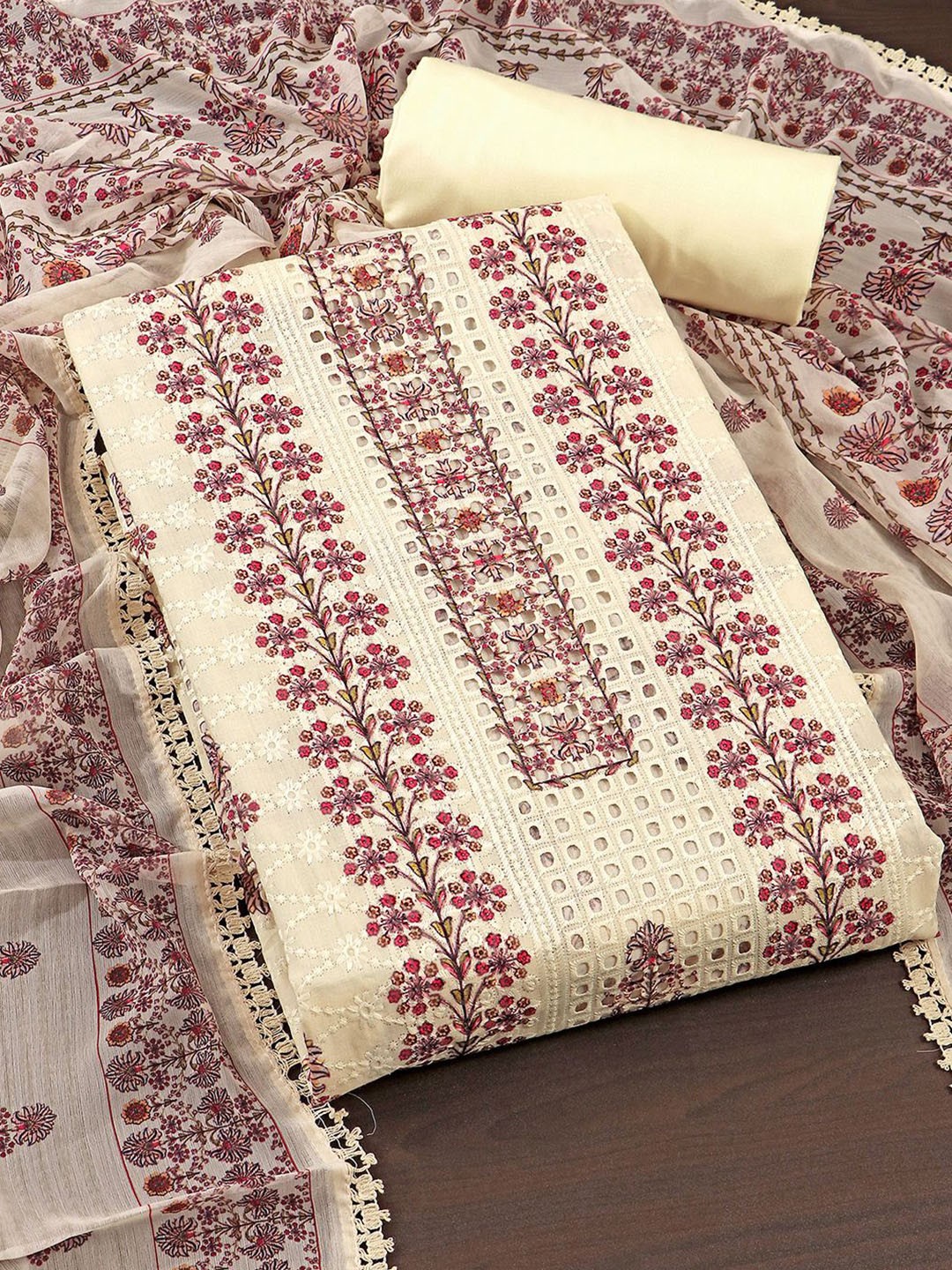 

KALINI Ethnic Motifs Embroidered Unstitched Dress Material, Beige