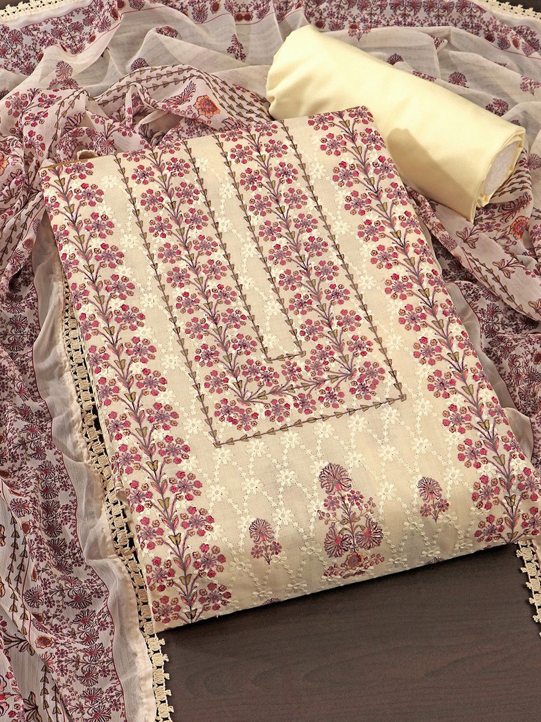 

KALINI Ethnic Motifs Embroidered Unstitched Dress Material, Beige