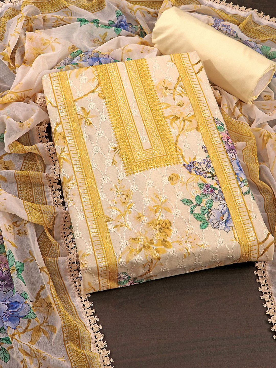 

KALINI Embroidered Unstitched Dress Material, Yellow