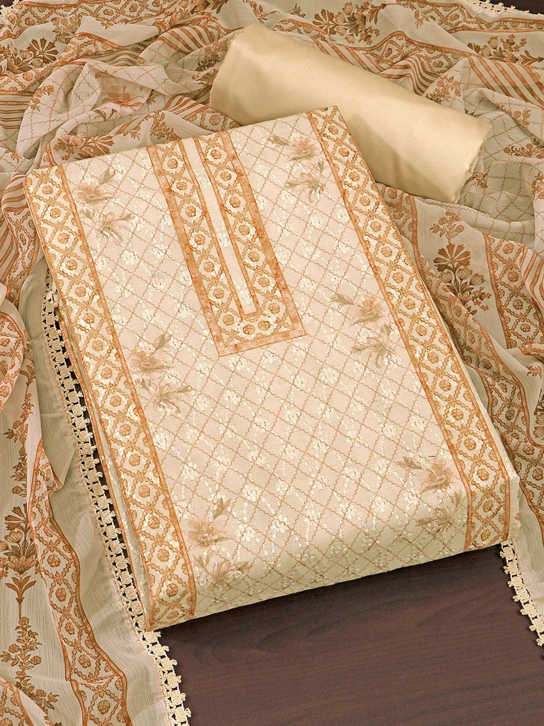 

KALINI Ethnic Motifs Embroidered Unstitched Dress Material, Beige