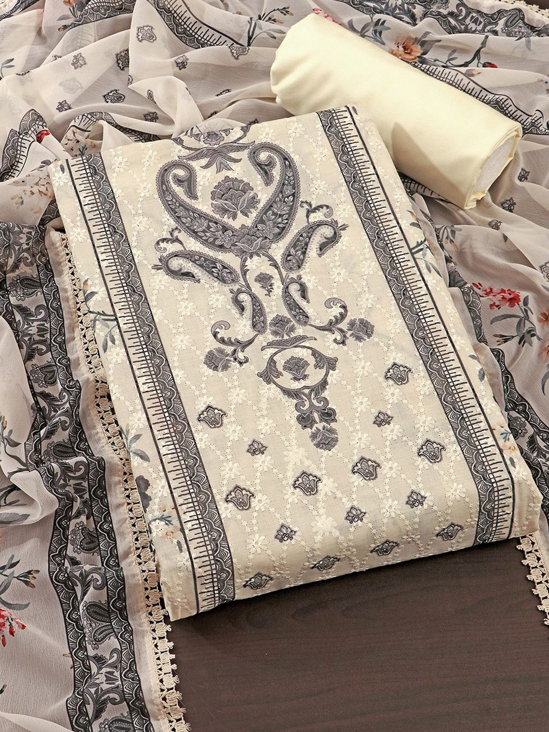 

KALINI Ethnic Motifs Embroidered Unstitched Dress Material, Beige