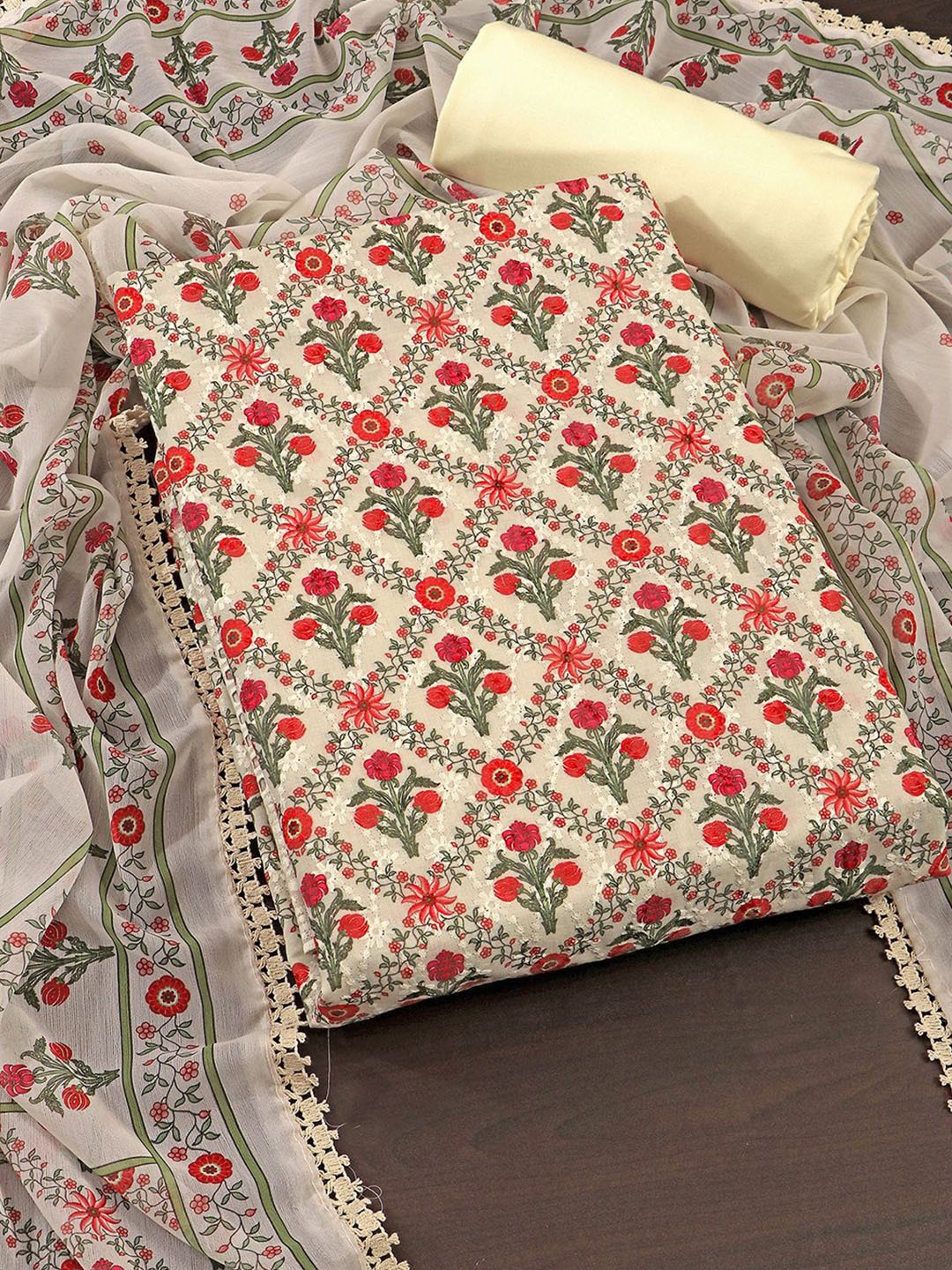 

KALINI Ethnic Motifs Embroidered Unstitched Dress Material, Beige