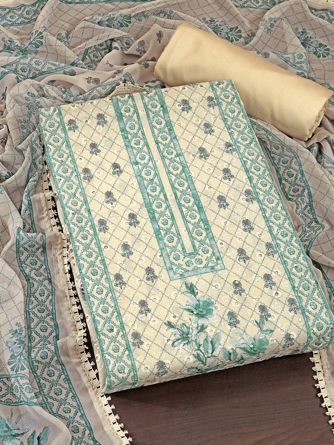 

KALINI Ethnic Motifs Embroidered Unstitched Dress Material, Beige