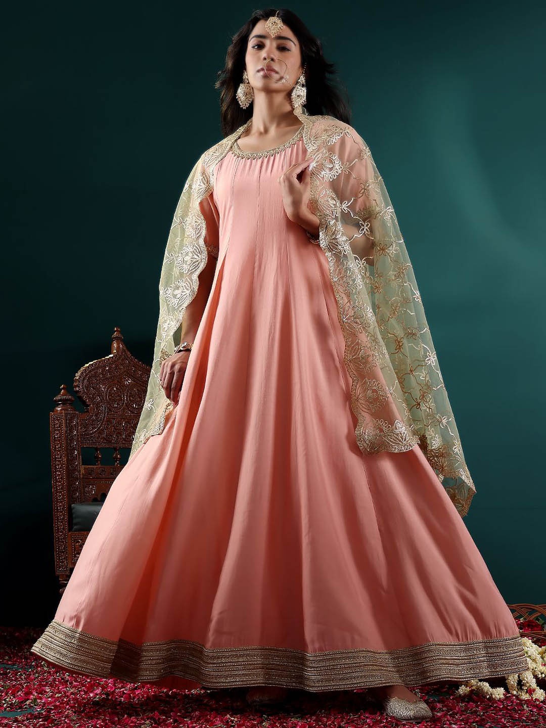 

Varanga Ethnic Motifs Short Sleeves Sequinned Pastels Anarkali Kurta, Peach