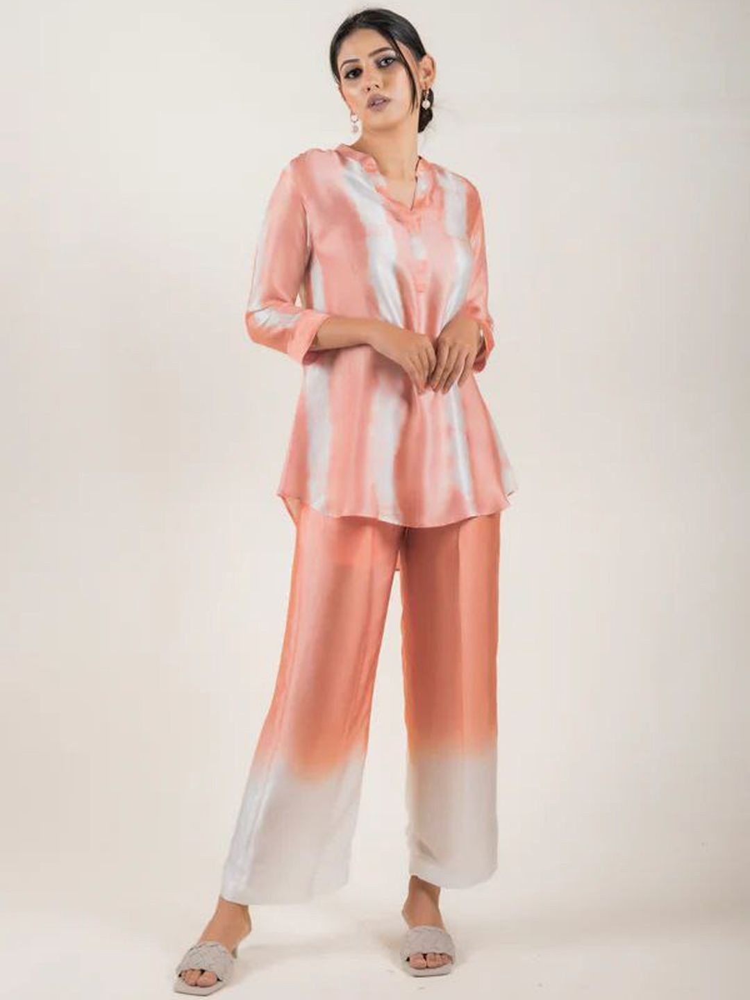 

Siya Fashion Dyed Printed Mandarin Collar Tunic & Palazzos, Pink