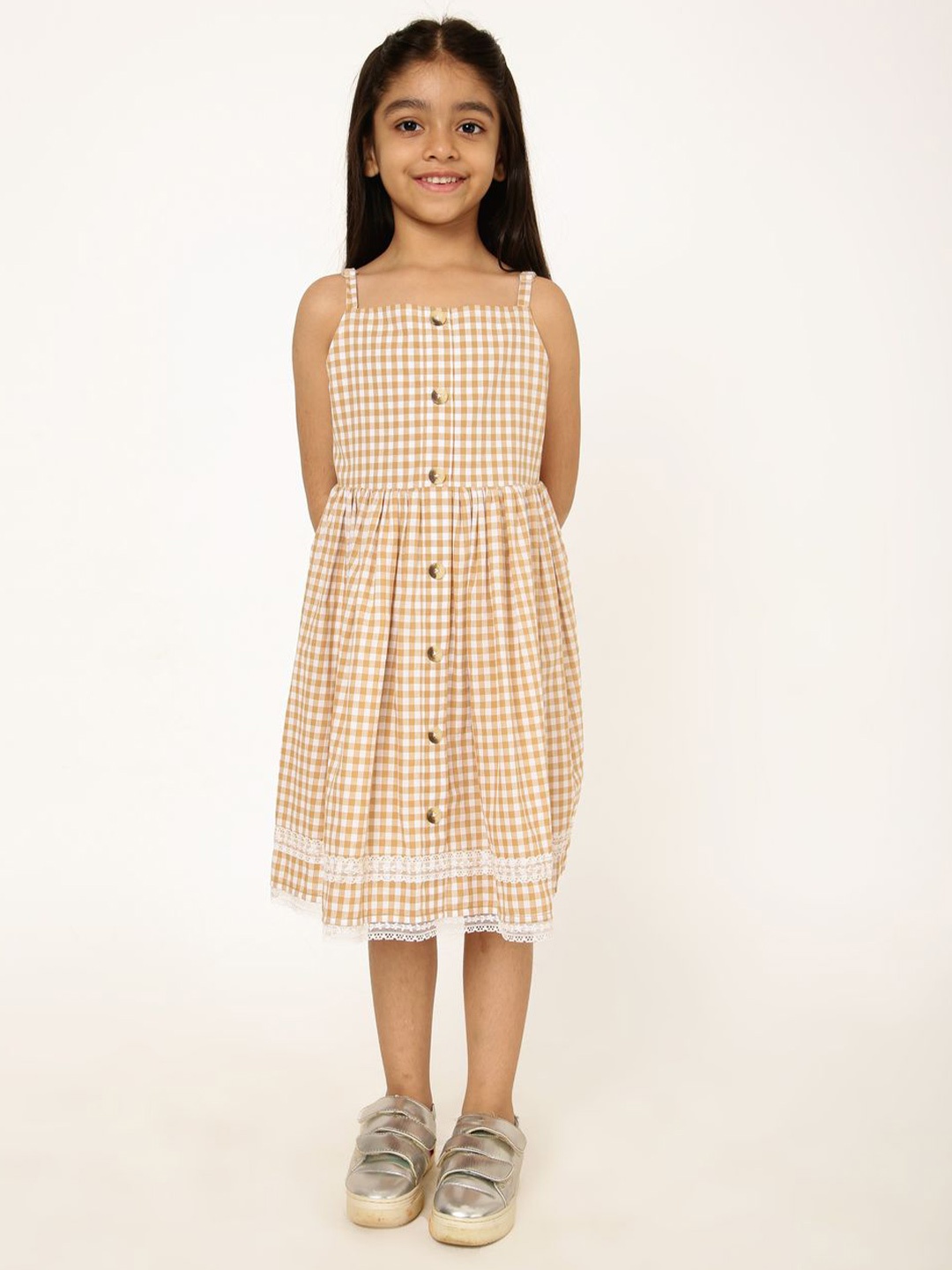 

A Little Fable Sleeveless Checked Fit & Flare Dress, Beige