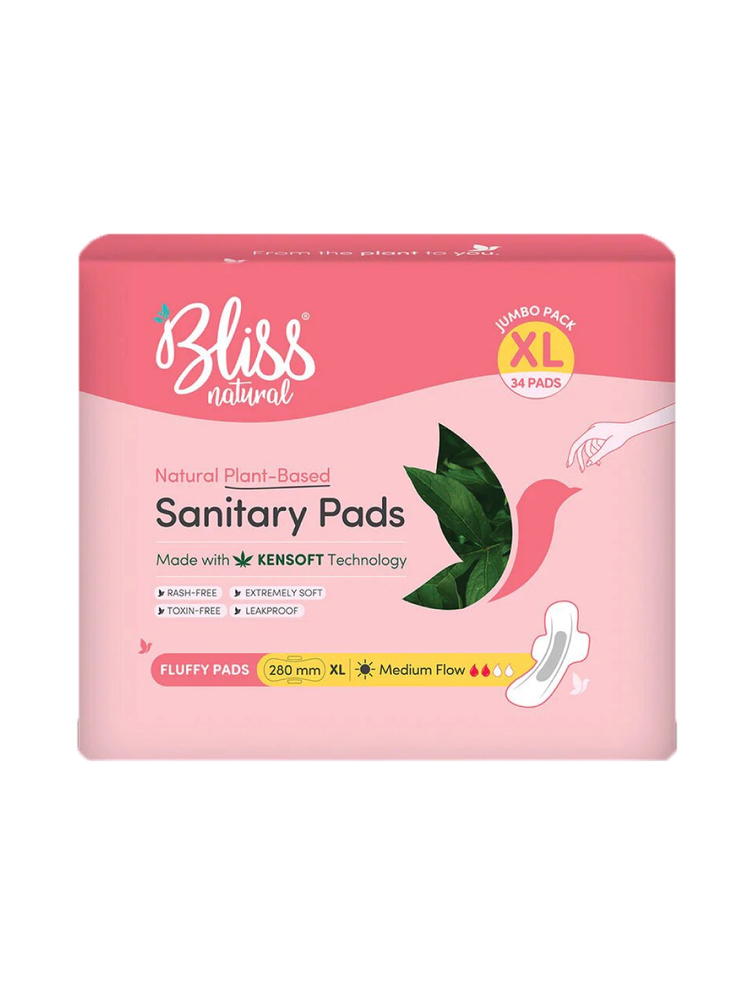 

BLISSNATURAL Plant Based Sanitary Pads for Medium Flow - XL - 34 Pcs, White