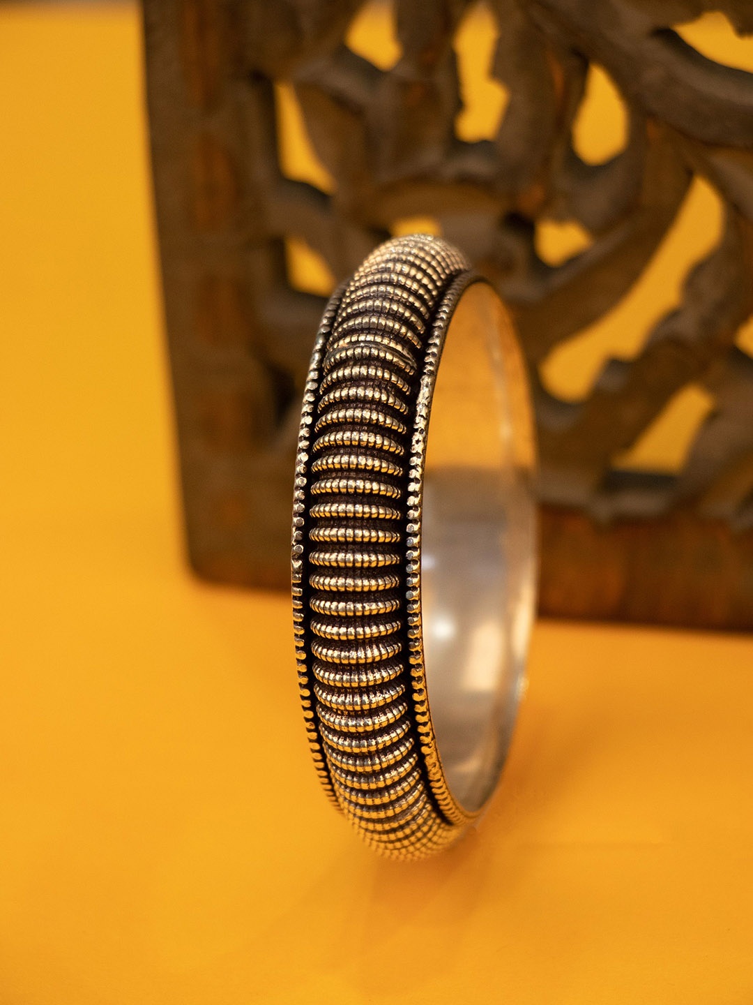 

Shyle 925 Oxidised Intricate Line Sequence Embossed Bangle, Silver