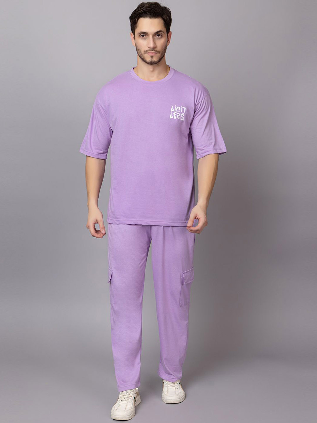 

TYSORT Oversized Typographic Printed Round Neck Short Sleeves T-shirt &Trousers, Lavender