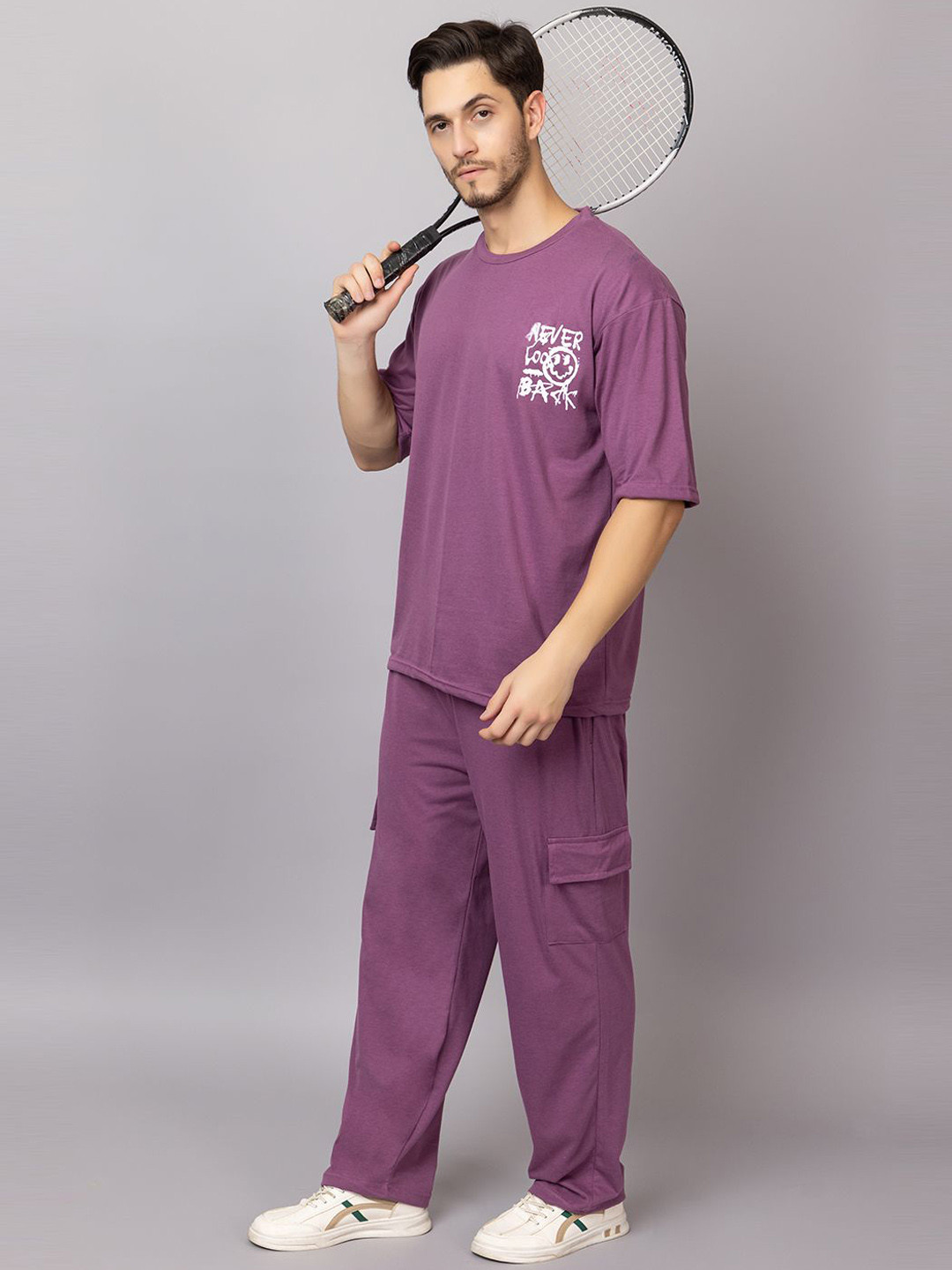 

TYSORT Oversized Typographic Printed Round Neck Short Sleeves T-shirt &Trousers, Magenta