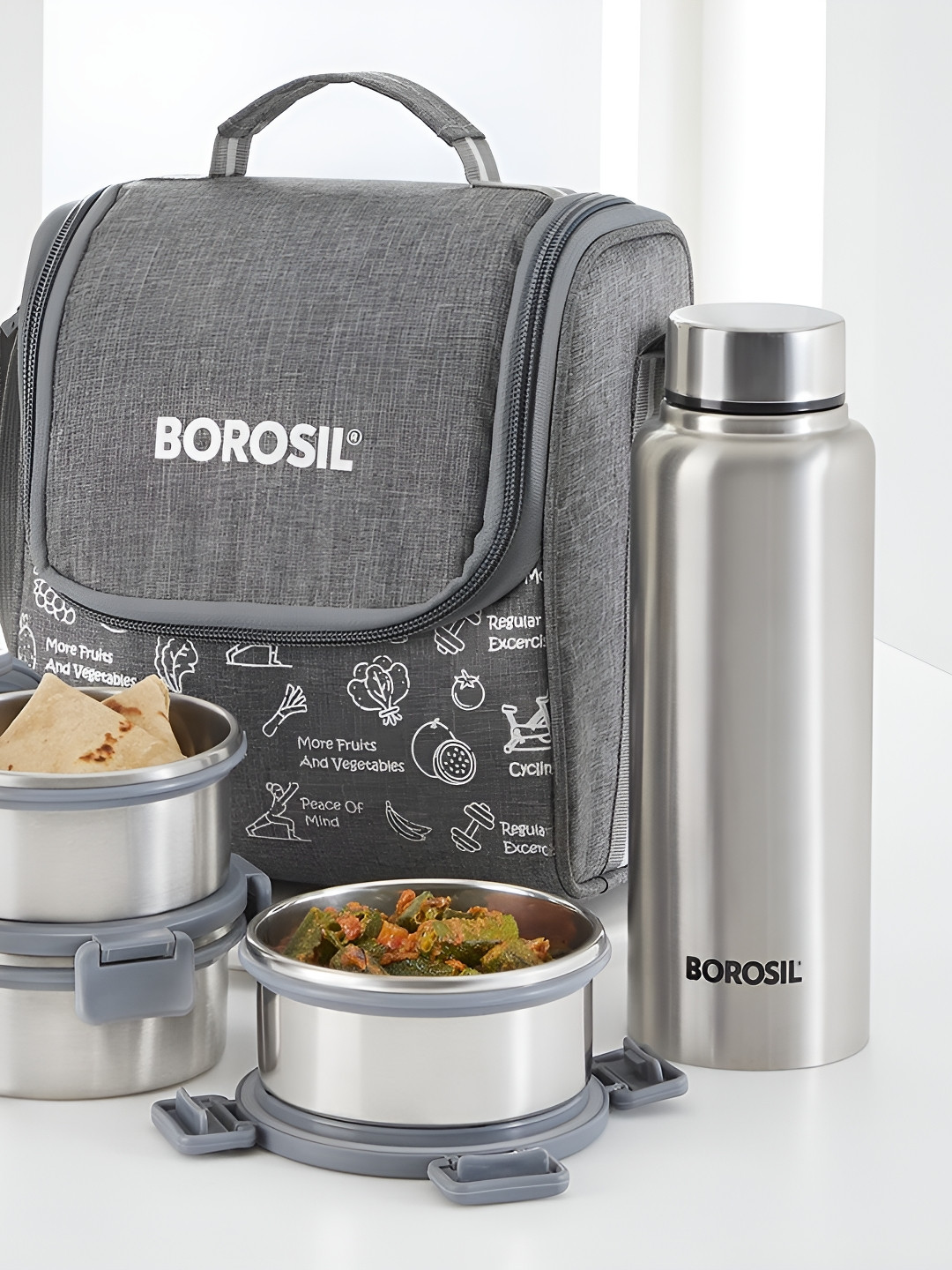 

BOROSIL Slate Grey 3-Pcs Stainless Steel Lunch Box With Bottle
