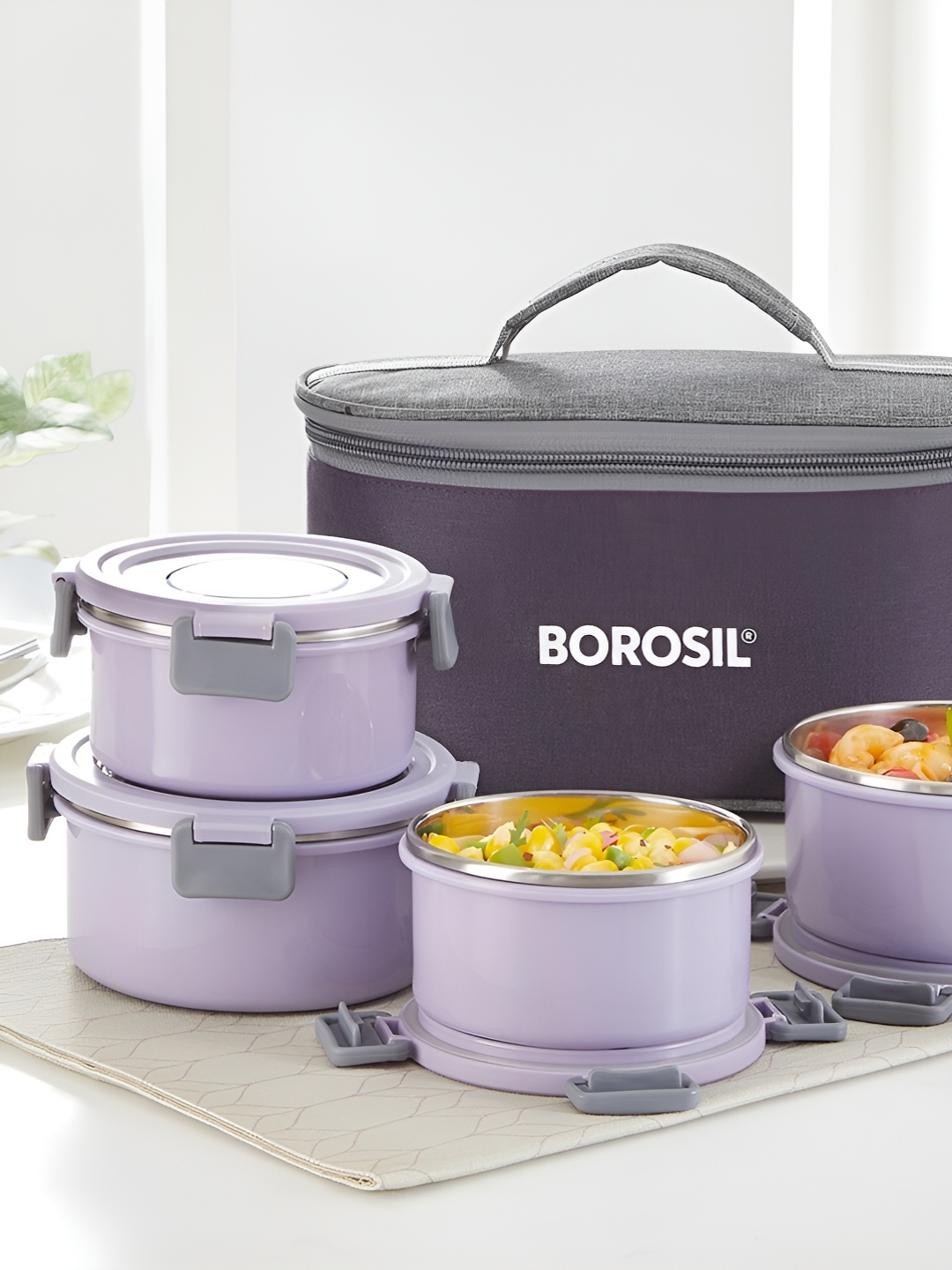 

BOROSIL Glory Lavender 4 Pcs Stainless Steel Luch Box With Lunch Bag