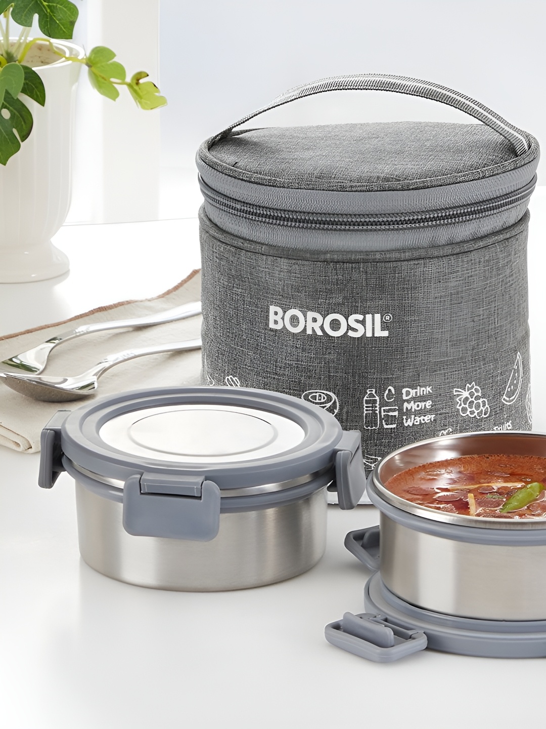 

BOROSIL Slate Transparent 2-Pcs Stainless Steel Lunch Box With Insulated Lunch Bag, Grey