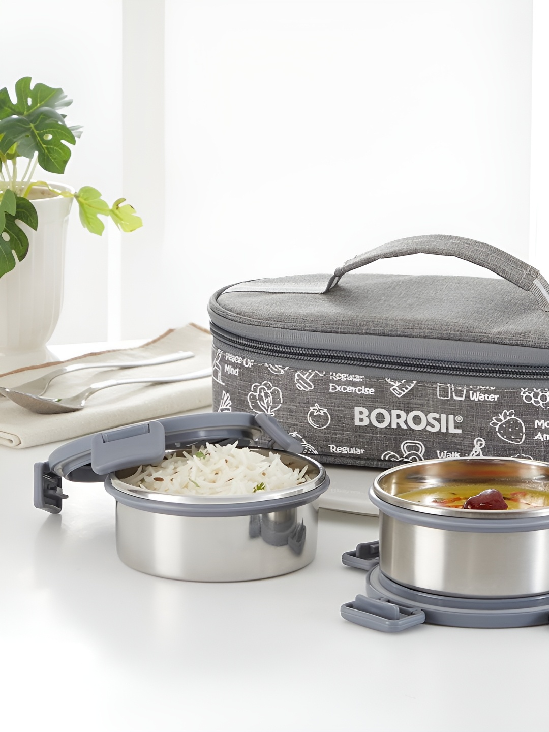 

BOROSIL Slate Grey 3-Pcs Stainless Steel Lunch Box With Bag