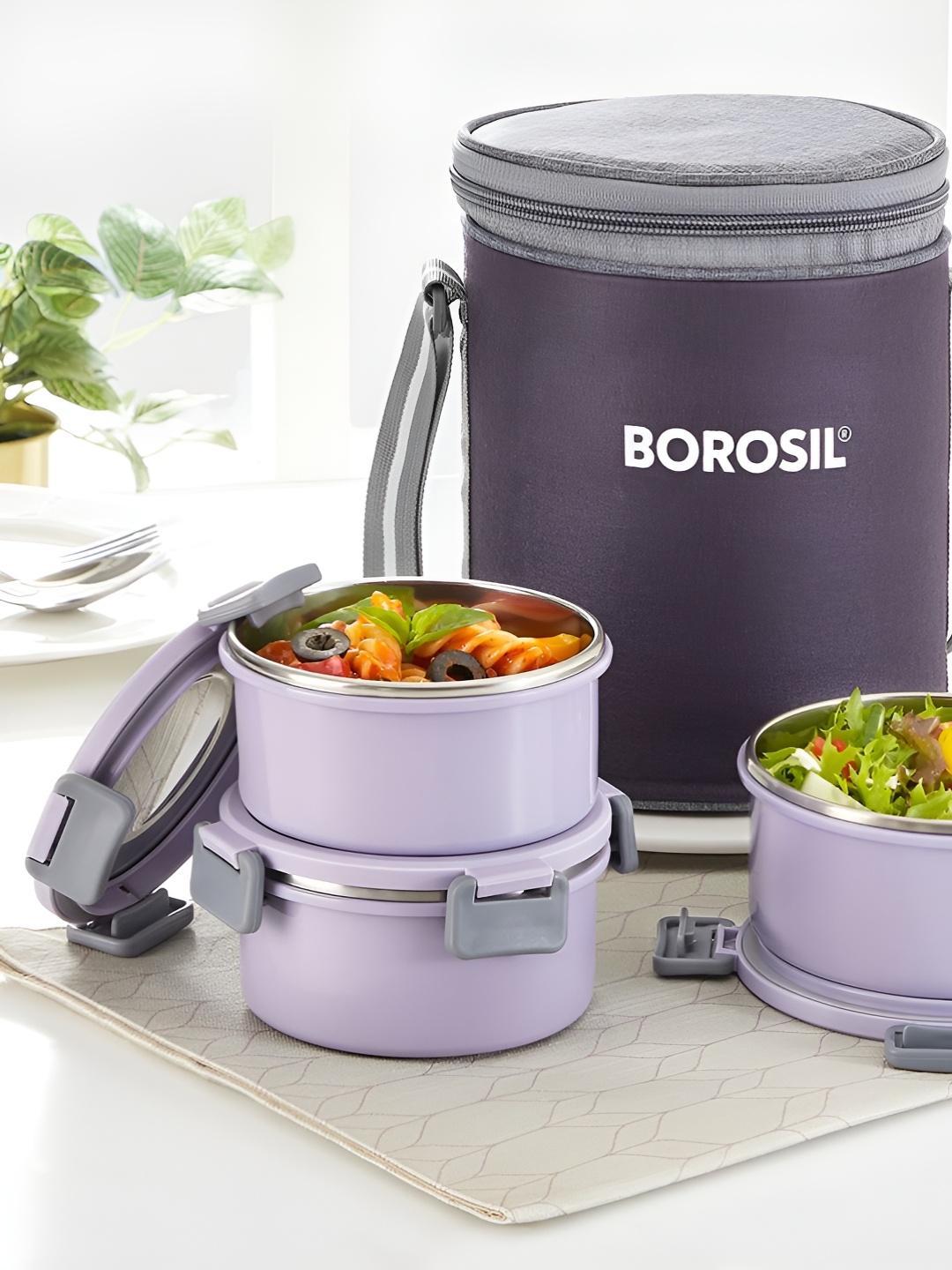 

BOROSIL Glory Lavender 3Pc Stainless Steel Lunch Box With Insulated Lunch Bag