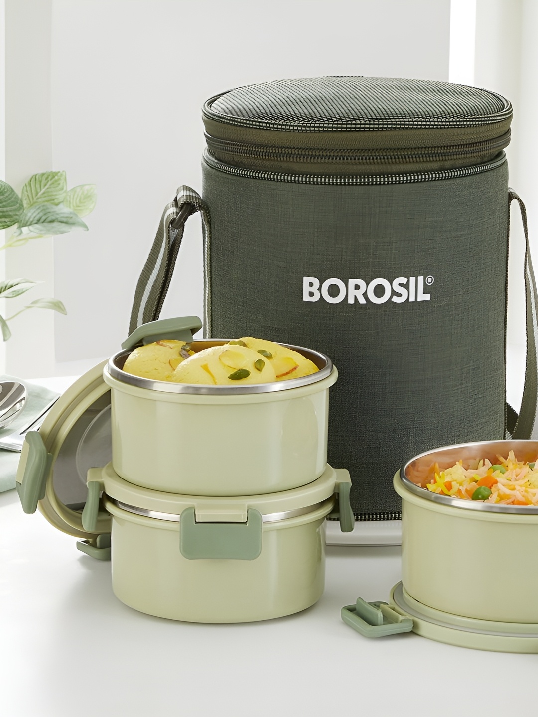 

BOROSIL Glory Green 3 Pieces Stainless steel Lunch Box With Insulated Lunch Bag
