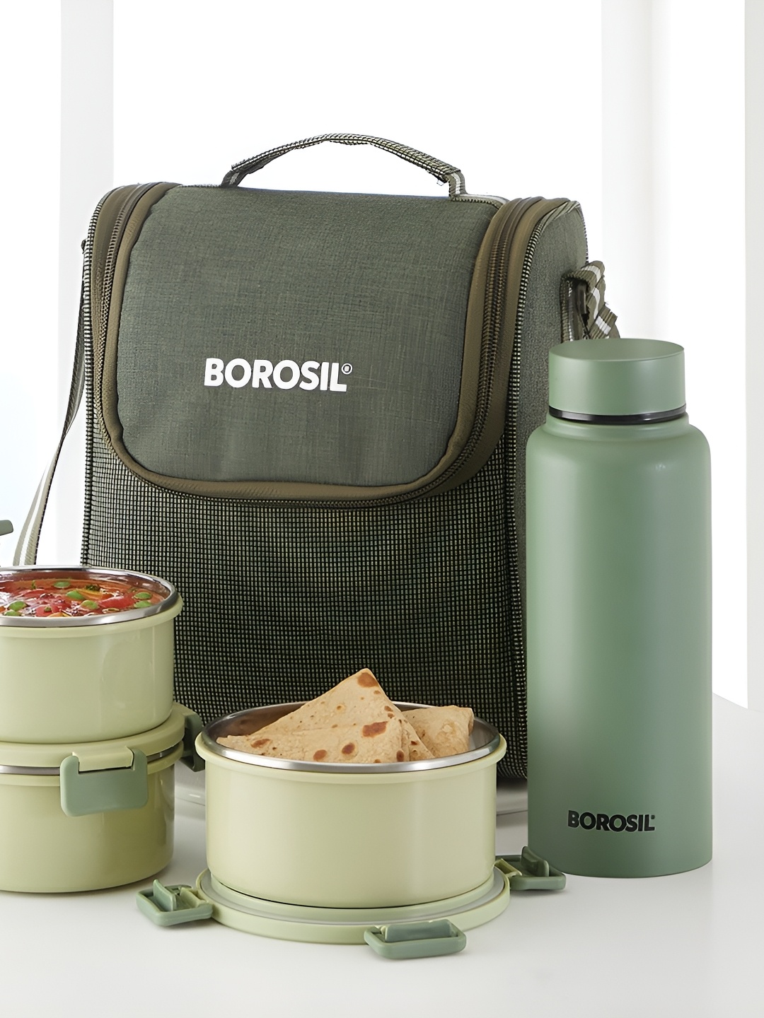 

BOROSIL Glory Green 3 Pcs Steel Lunch, Bag with Bottle