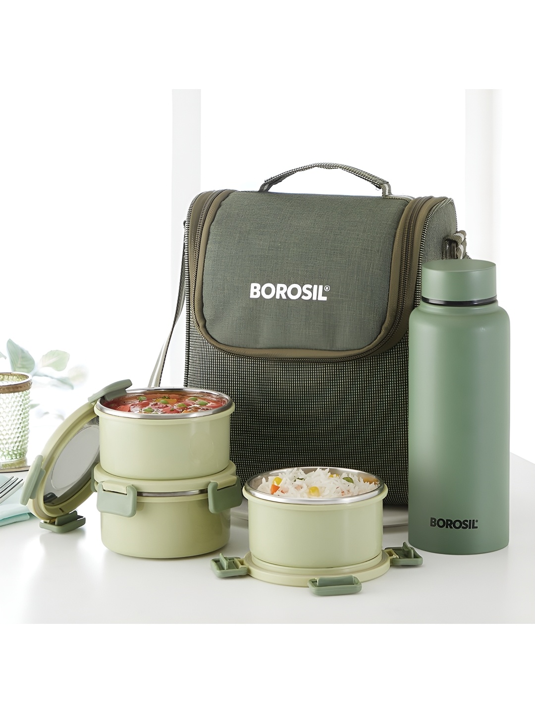 

BOROSIL Glory Green 3Pc Stainless Steel Lunch Box With Insulated Lunch Bag