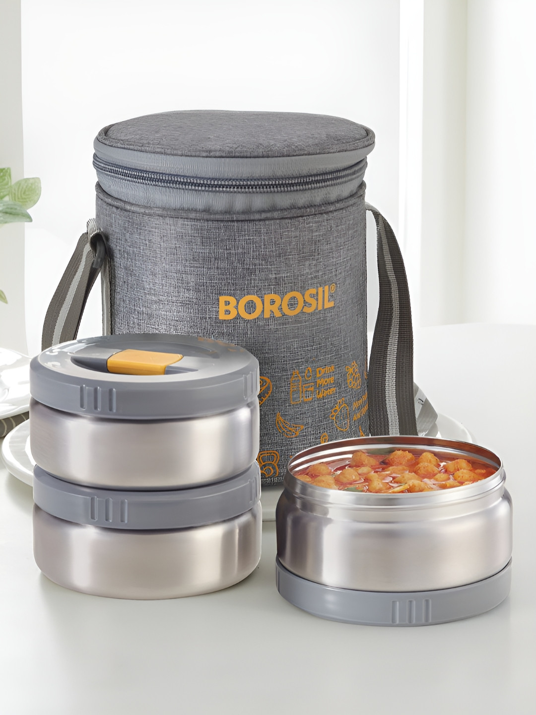 

BOROSIL Mealmate Grey 3-Pcs Stainless Steel Lunch Box With Bag