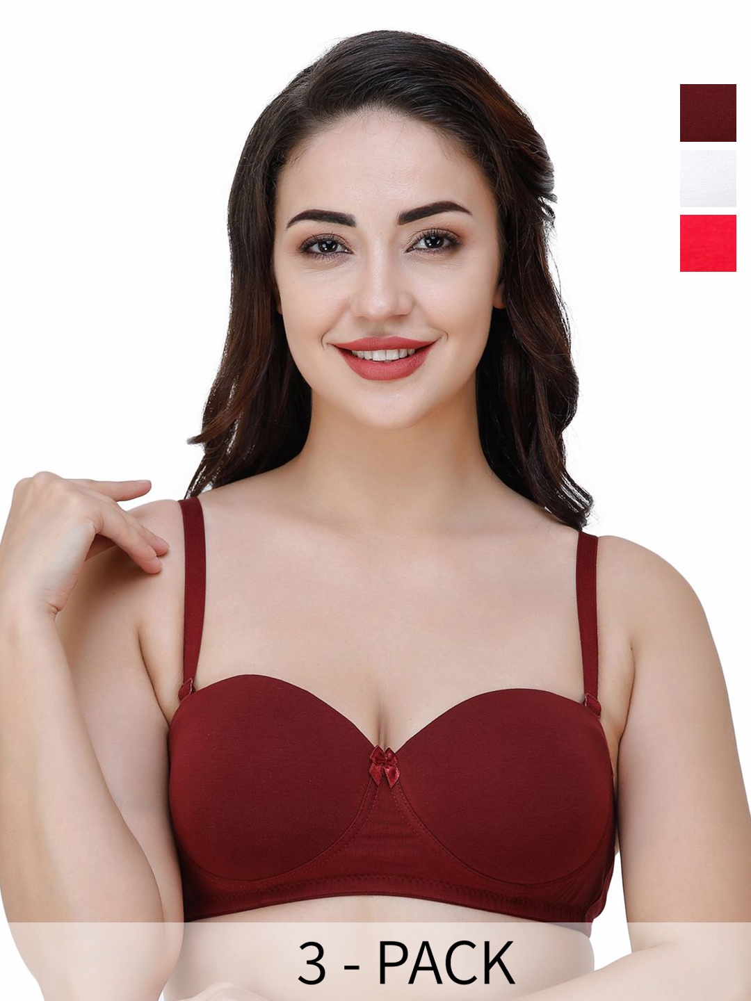 

College Girl Pack Of 3 Medium Coverage Lightly Padded Non-Wired T-shirt-All Day Comfort, Maroon