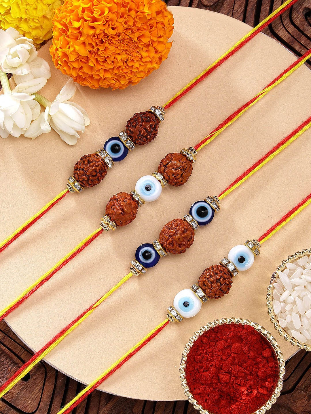 

KARATCART Set of 4 Meenakari Evil Eye Kundan Rakhis with Roli & Chawal, Brown