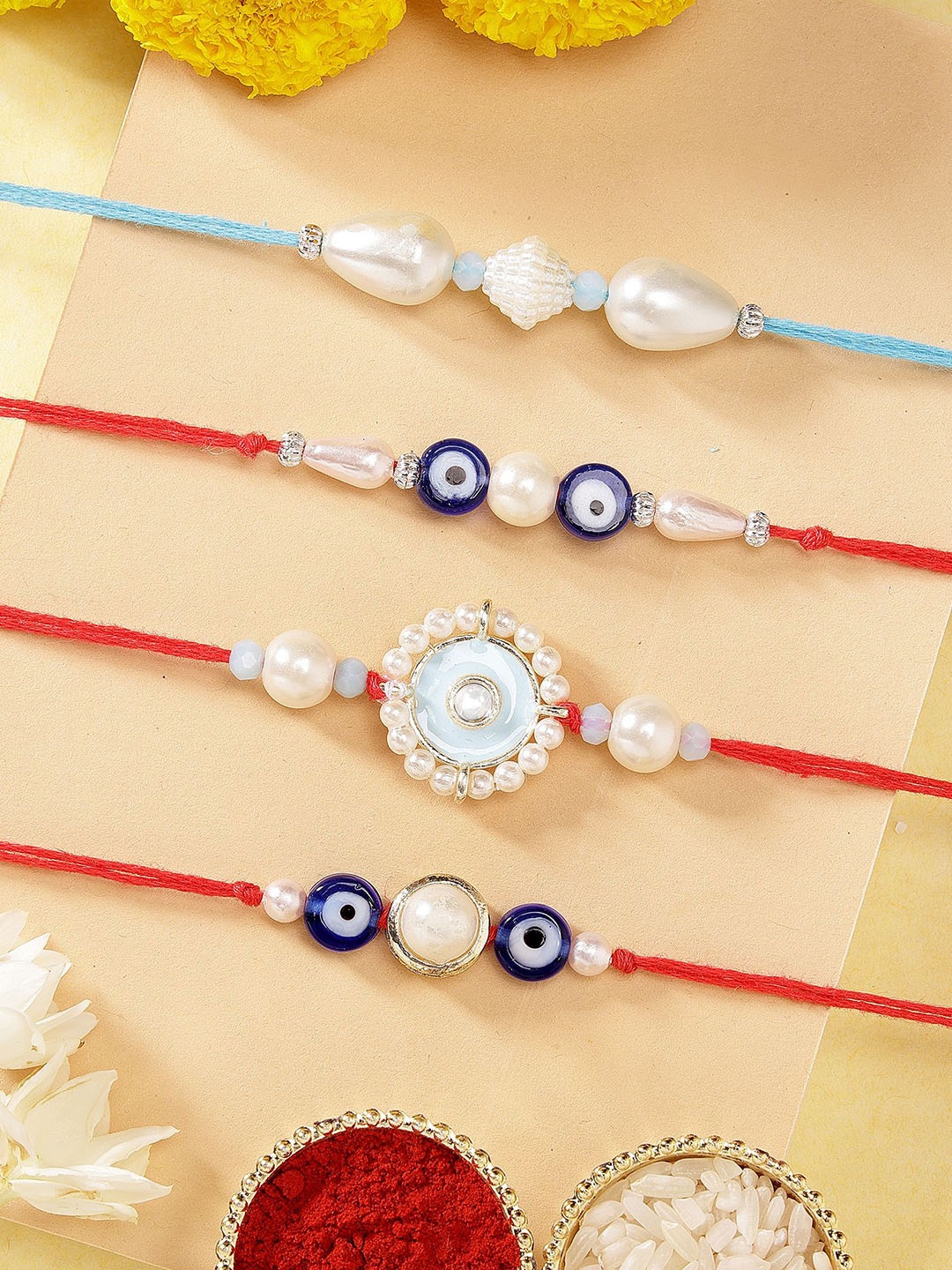 

KARATCART Set of 4 Meenakari Evil Eye Kundan Rakhis with Roli & Chawal, Red