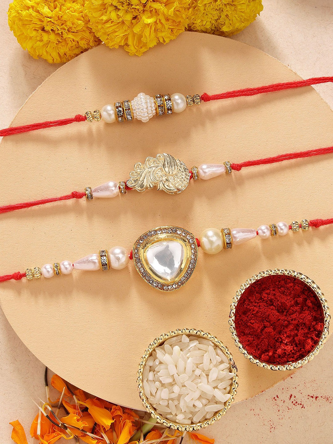 

KARATCART Set of 3 Polki Kundan Rakhis with Roli & Chawal, Gold