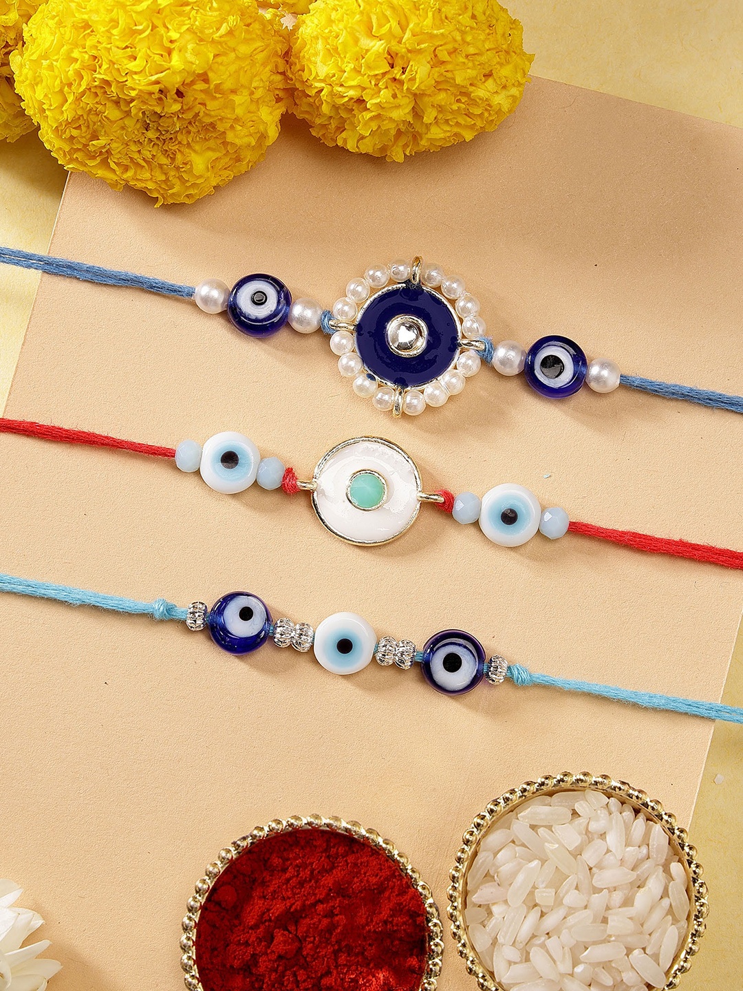 

KARATCART Set of 3 Meenakari Evil Eye Kundan Rakhis with Roli & Chawal, Red