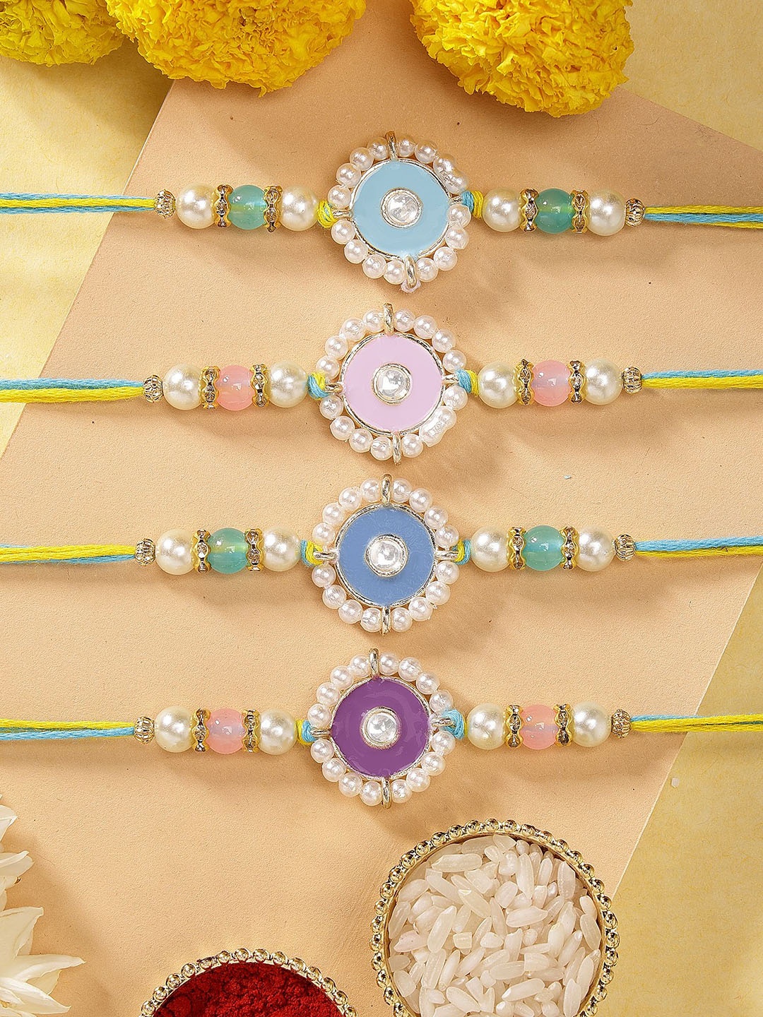 

KARATCART Set of 4 Meenakari Evil Eye Kundan Rakhis with Roli & Chawal, Gold