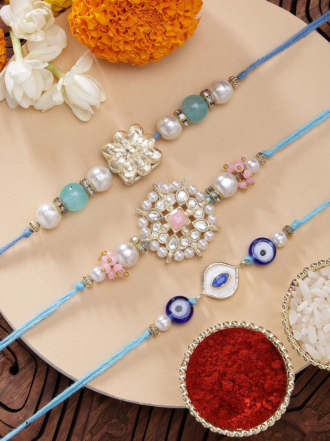 

KARATCART Set of 3 Meenakari Evil Eye Kundan Rakhis with Roli & Chawal, Blue