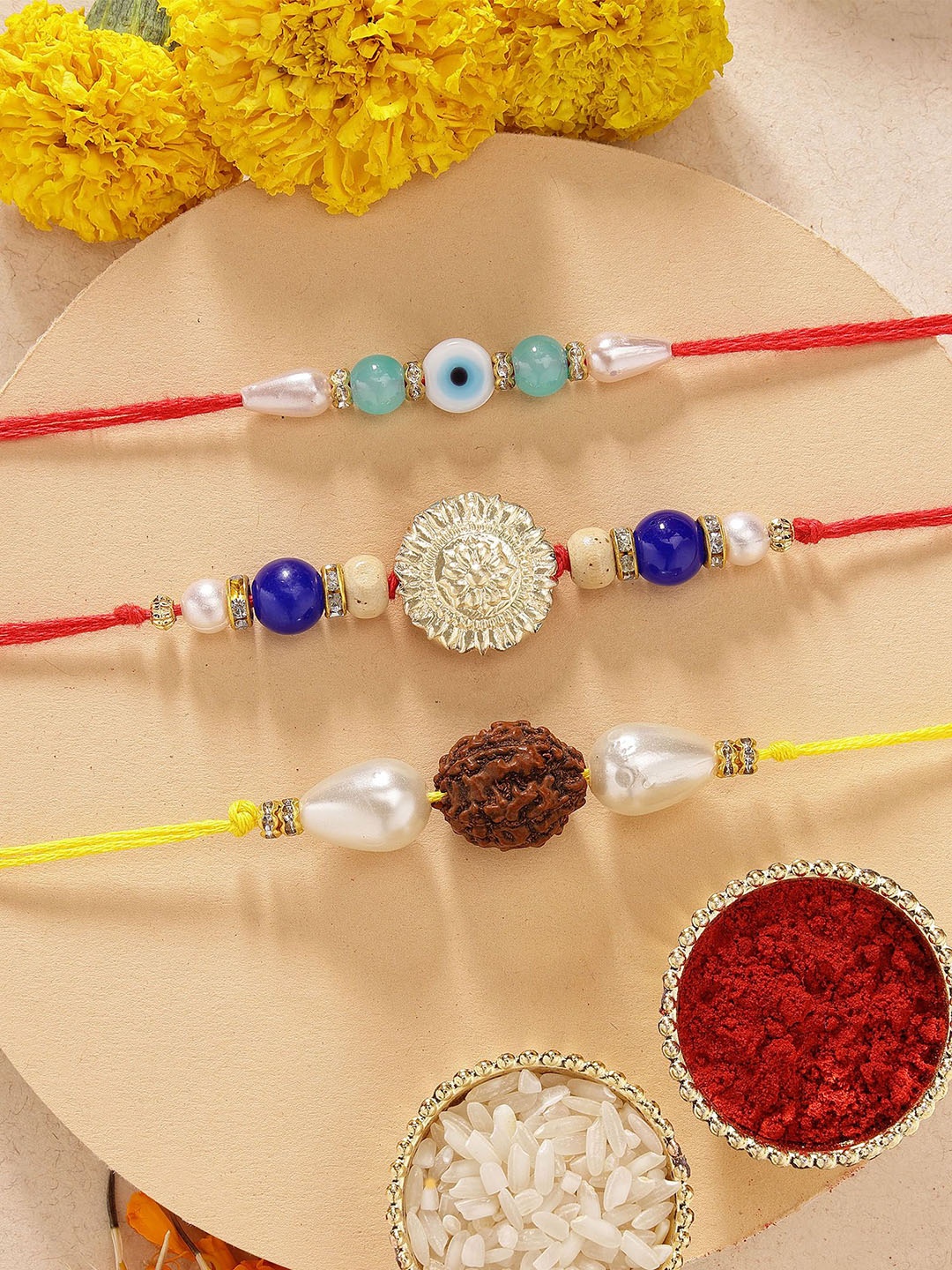 

KARATCART Set of 3 Rudraksha & Kundan Rakhis with Roli & Chawal, White