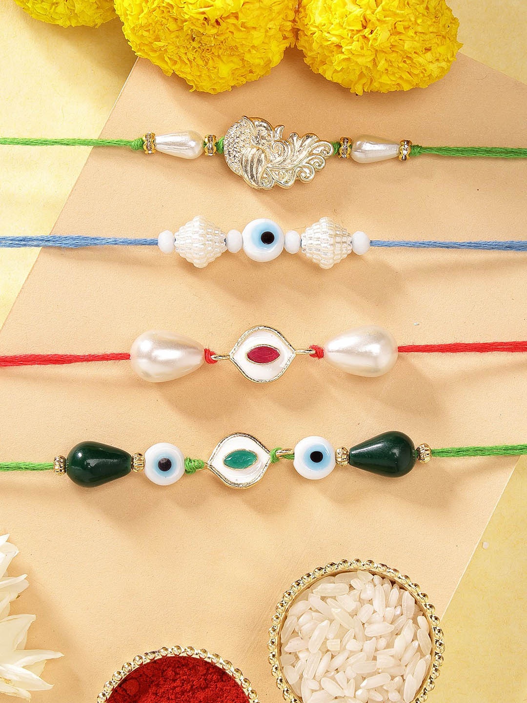 

KARATCART Set of 4 Meenakari Evil Eye Kundan Rakhis with Roli & Chawal, Red