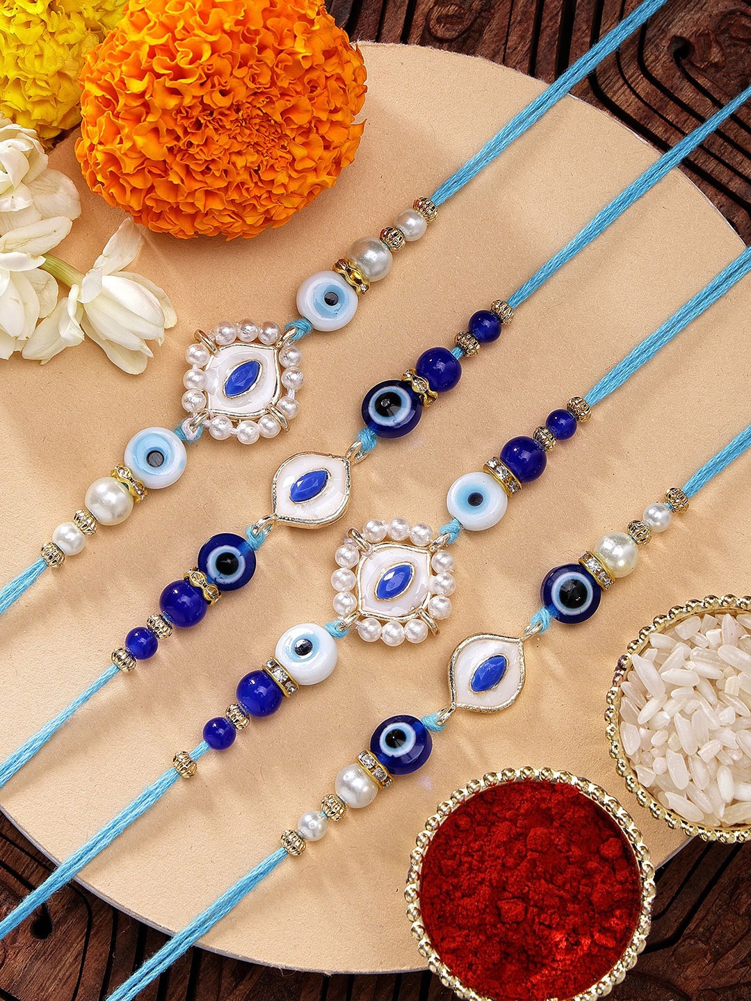 

KARATCART Set of 4 Meenakari Evil Eye Kundan Rakhis with Roli & Chawal, Blue