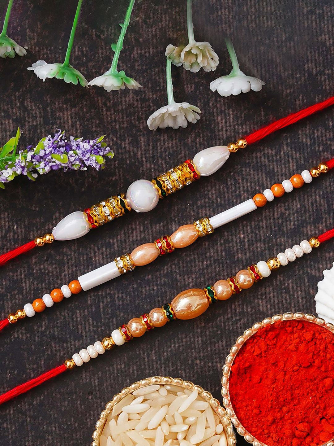 

eCraftIndia Set of 3 Beaded Rakhis With Roli Chawal, Red
