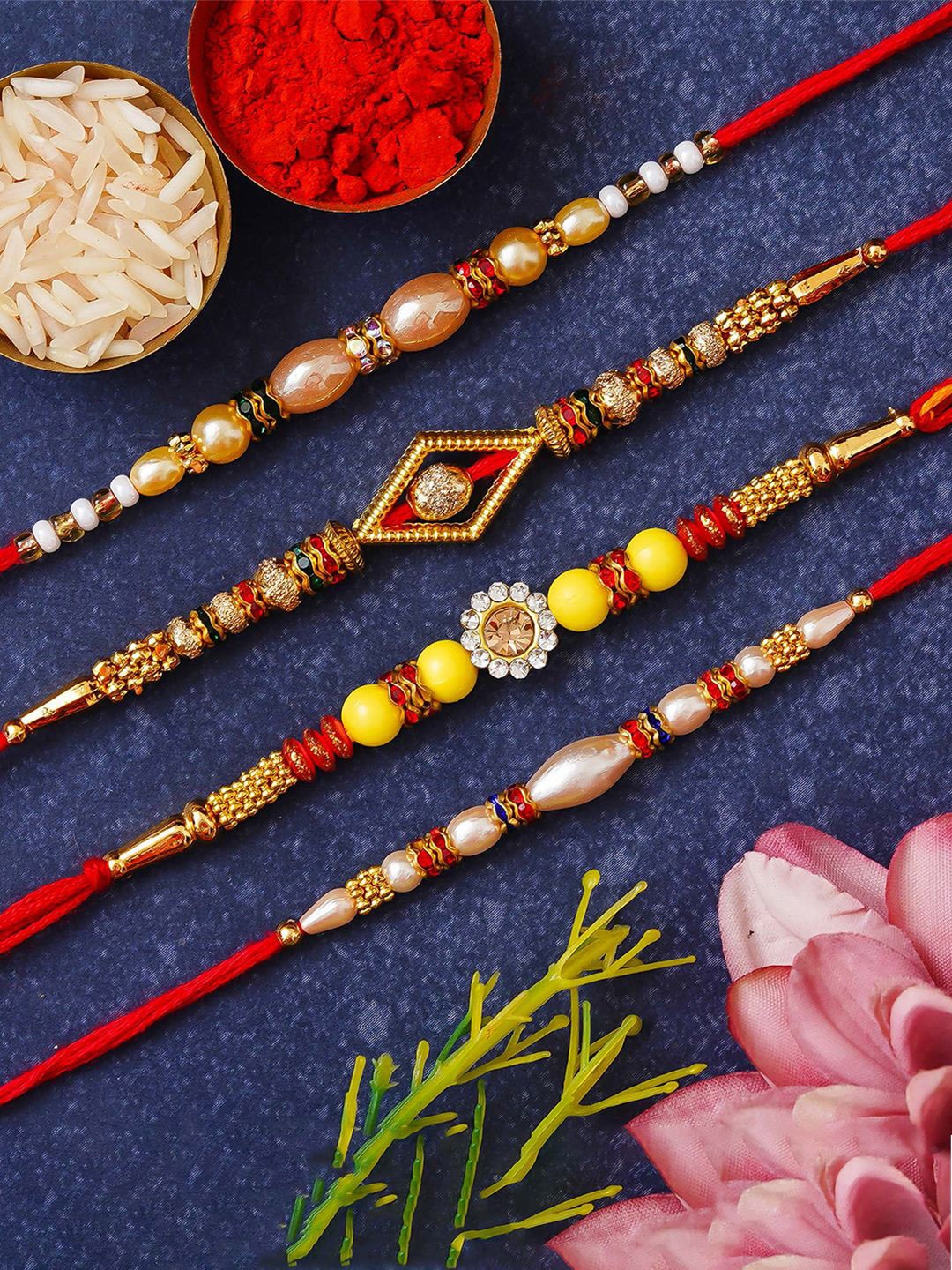 

eCraftIndia Set of 4 Pearl Diamond Beads Designer Rakhis With Roli Chawal, Red