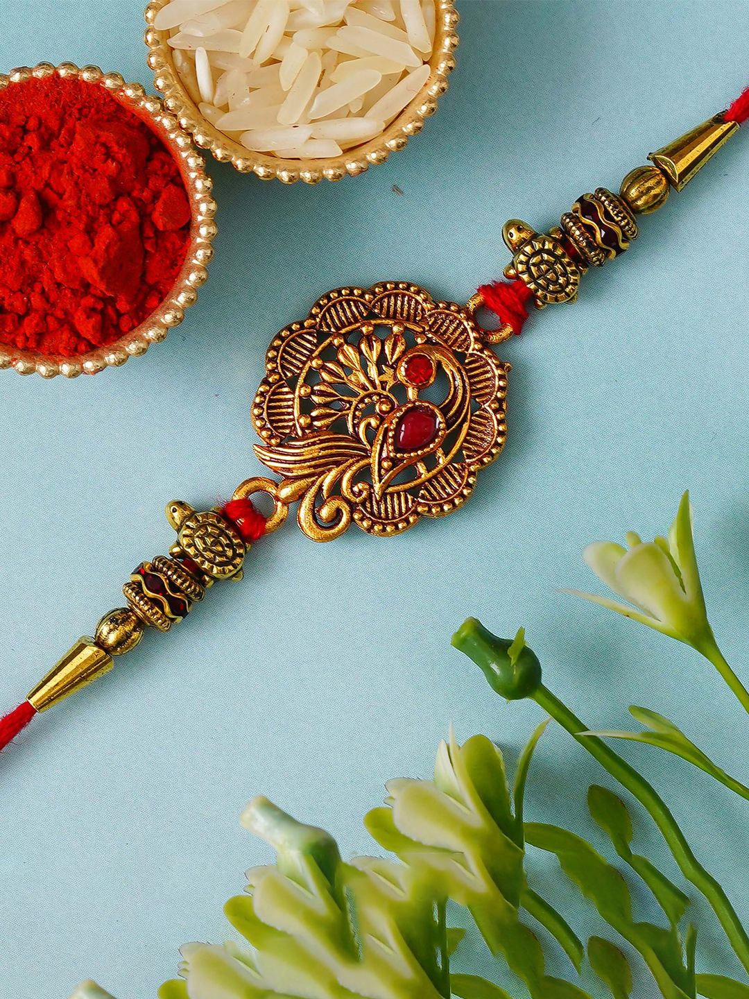 

eCraftIndia Peacock Design Thread Rakhi with Roli Chawal, Gold